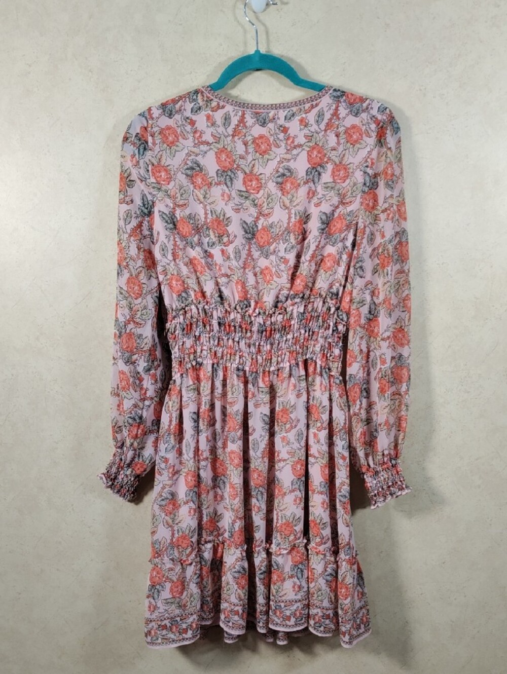 H192 Max Studio Peach & Rust Floral V-Neck Smocked Dress XL - Picture 9 of 13